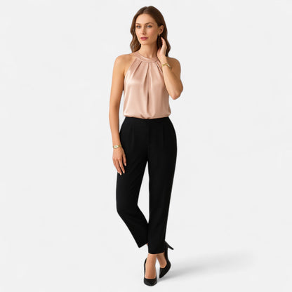 Lightweight Satin Pleated High Neck Tank Top