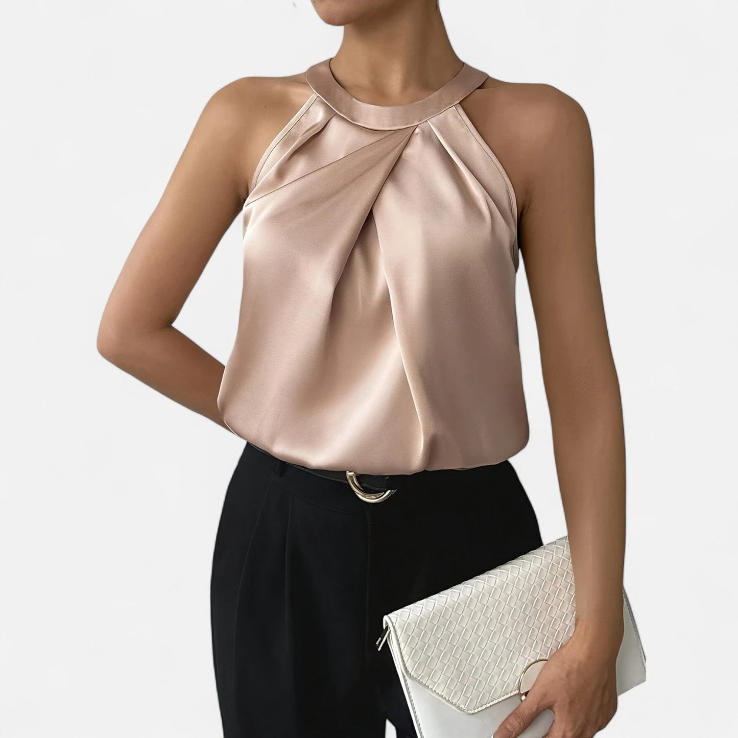 Lightweight Satin Pleated High Neck Tank Top