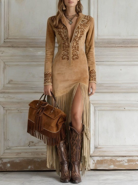 Lightweight Suede Fringe Maxi Dress