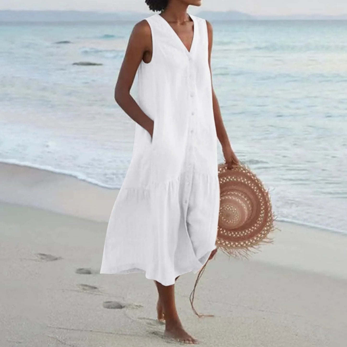 Lightweight V-Neck Button-Front White Dress