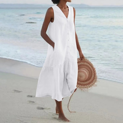 Lightweight V-Neck Button-Front White Dress