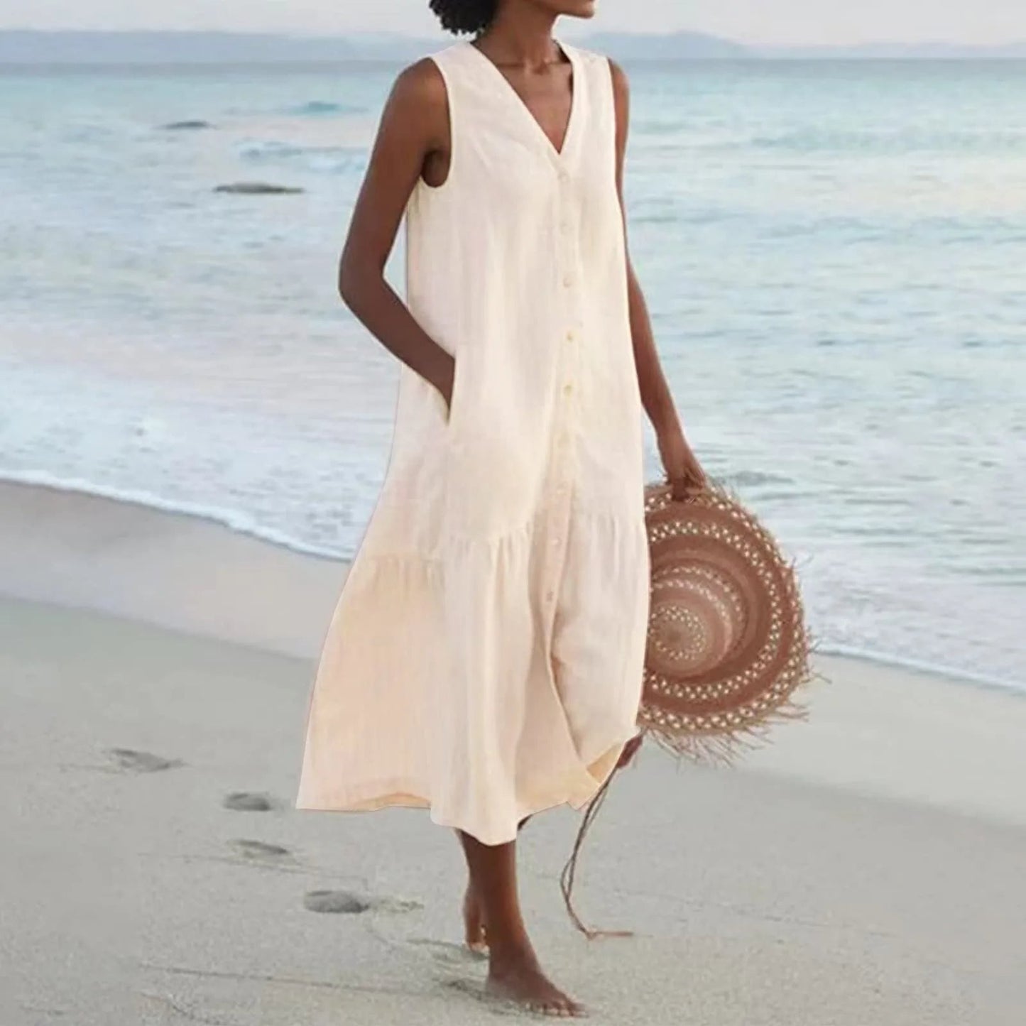 Lightweight V-Neck Button-Front White Dress