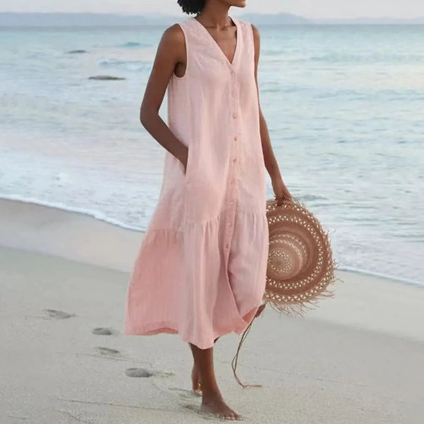 Lightweight V-Neck Button-Front White Dress