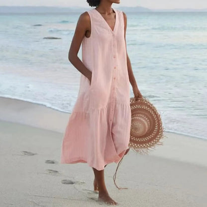 Lightweight V-Neck Button-Front White Dress