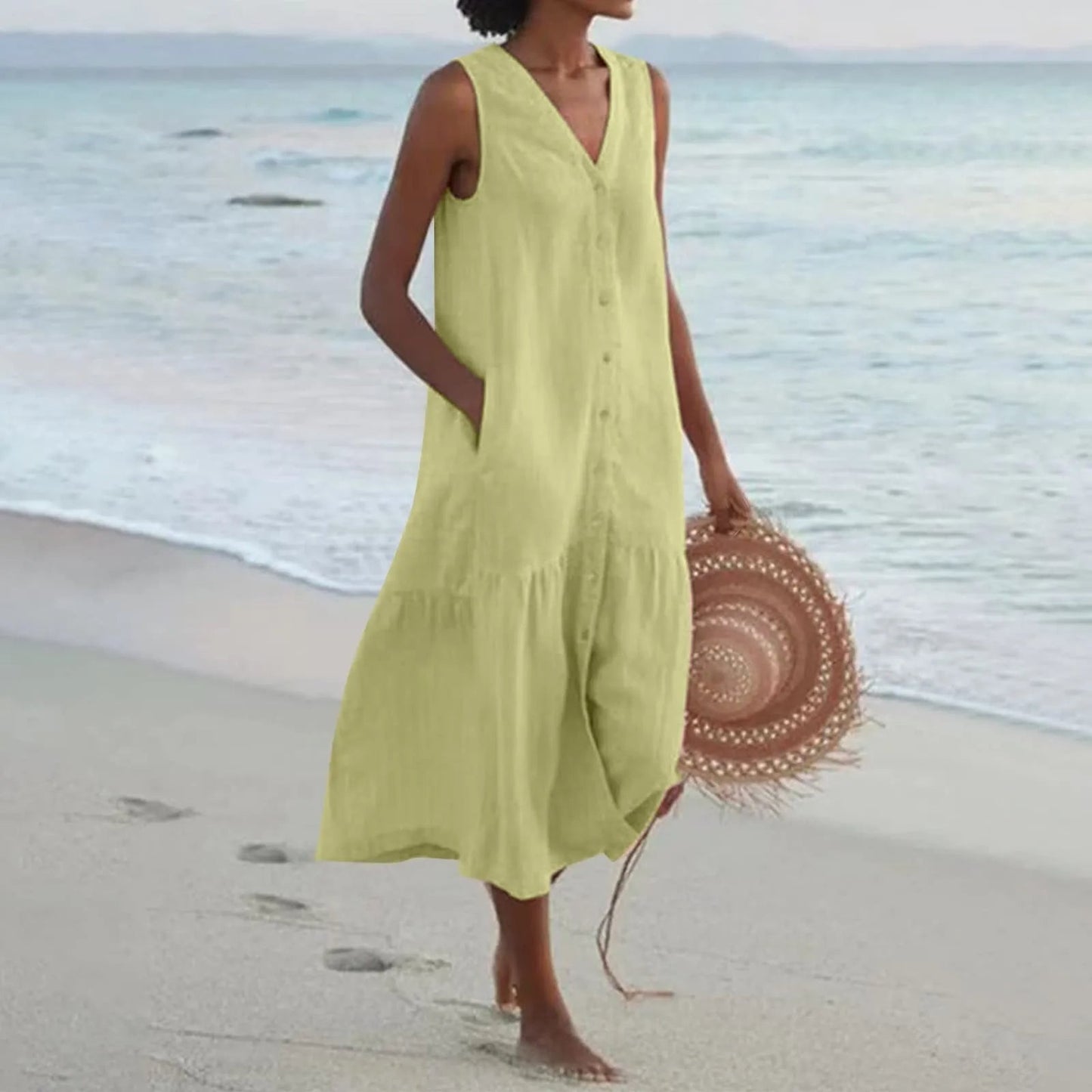 Lightweight V-Neck Button-Front White Dress