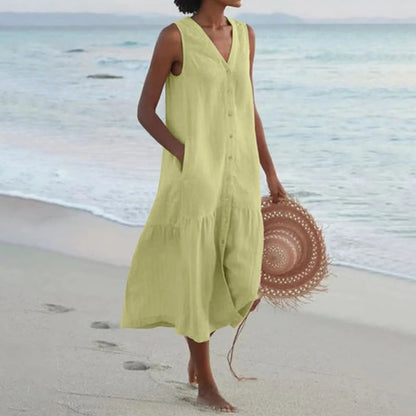 Lightweight V-Neck Button-Front White Dress