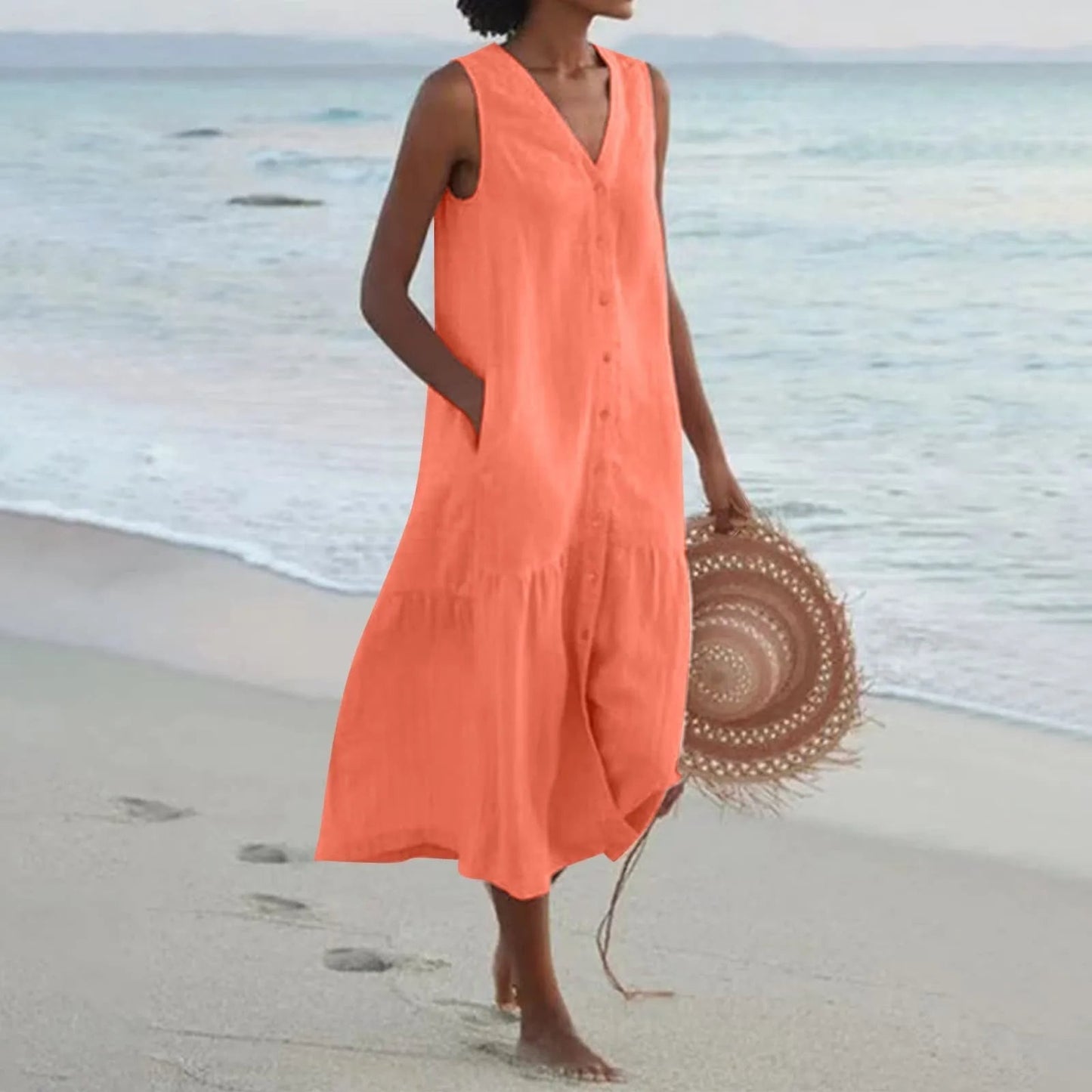 Lightweight V-Neck Button-Front White Dress