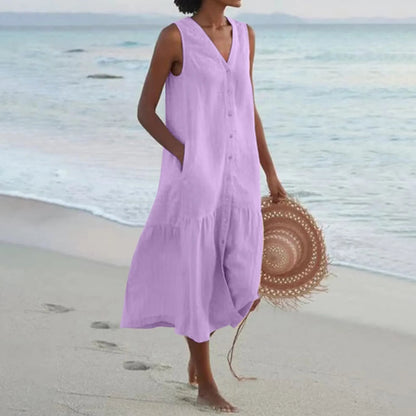 Lightweight V-Neck Button-Front White Dress