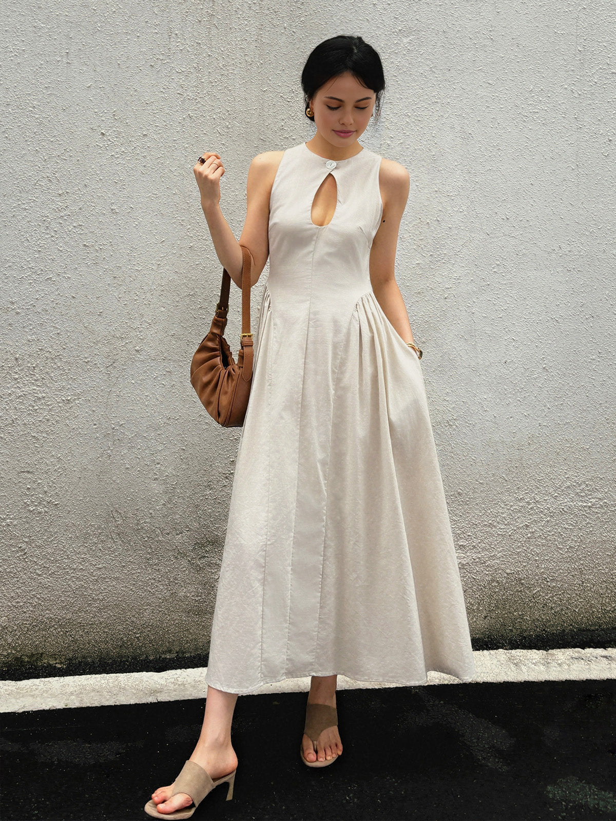 Linen Blend Pleated Maxi Dress