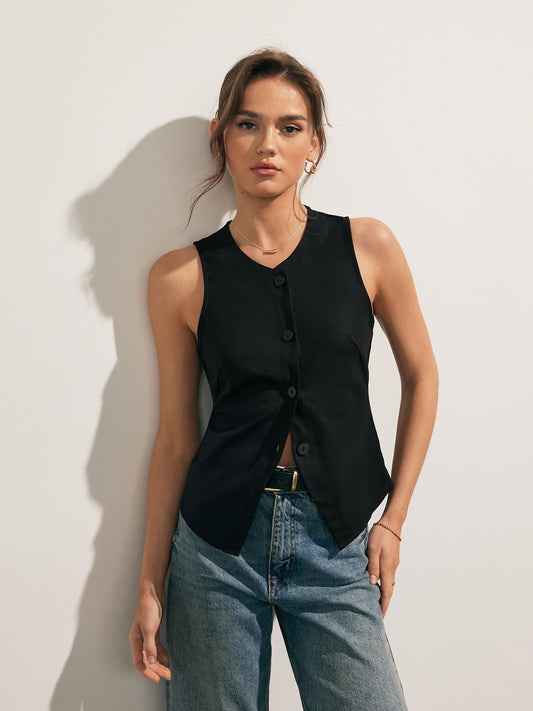 Linen Blend Sleeveless Crop Top