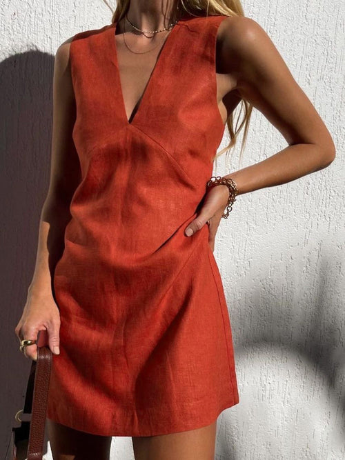 Linen Blend V-Neck Shift Dress