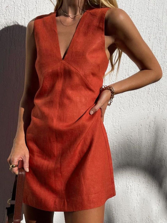 Linen Blend V-Neck Shift Dress