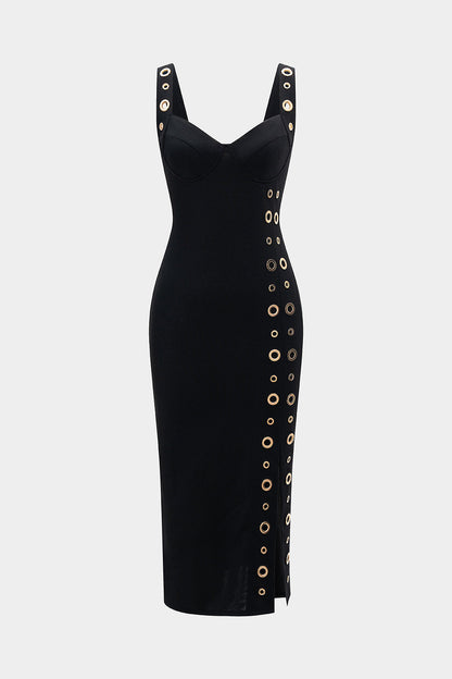 Metallic Eyelet Zipper Midi Dress