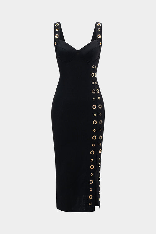 Metallic Eyelet Zipper Midi Dress