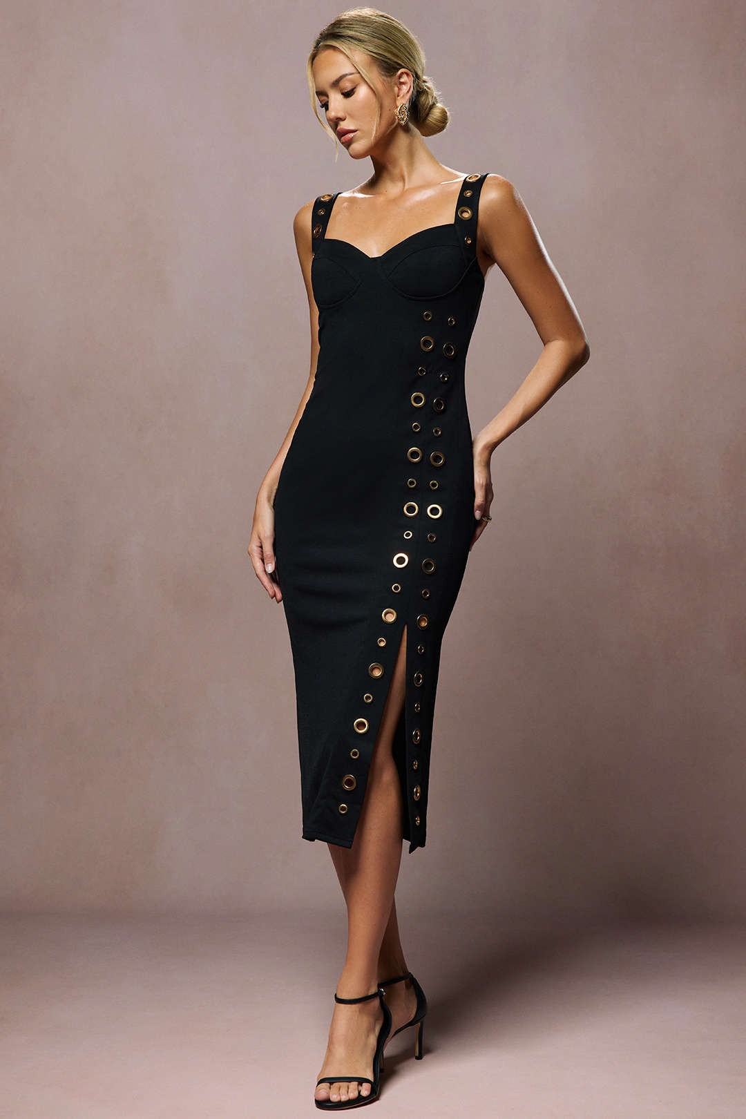 Metallic Eyelet Zipper Midi Dress