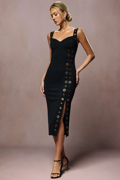 Metallic Eyelet Zipper Midi Dress