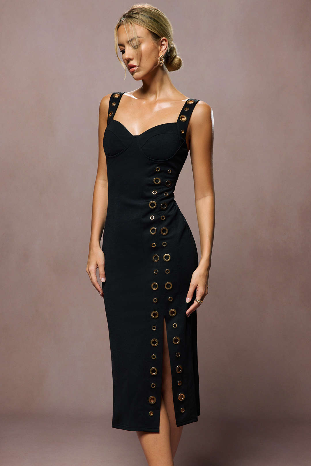 Metallic Eyelet Zipper Midi Dress