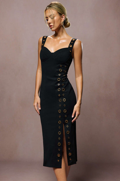 Metallic Eyelet Zipper Midi Dress