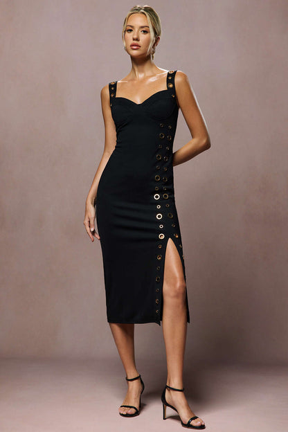 Metallic Eyelet Zipper Midi Dress