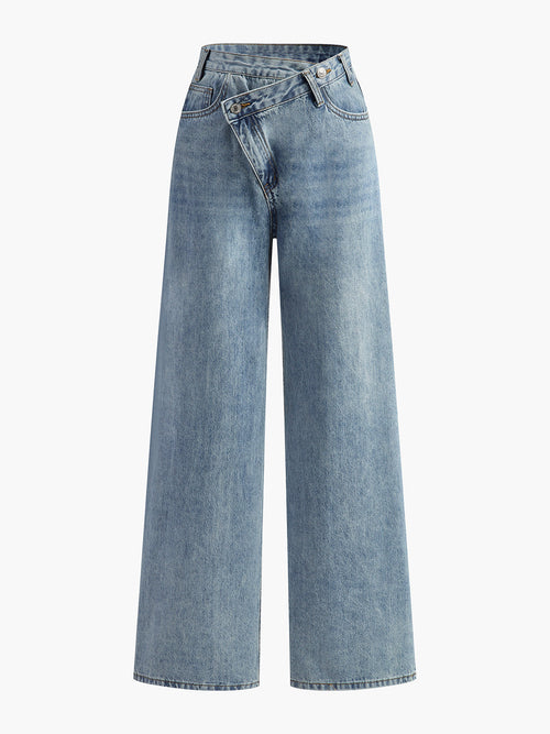 Mid Waist Asymmetric Wide Leg Jeans
