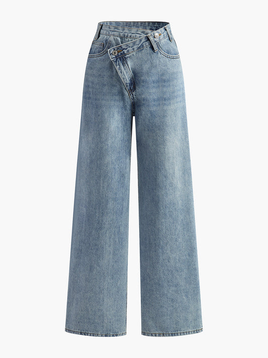 Mid Waist Asymmetric Wide Leg Jeans