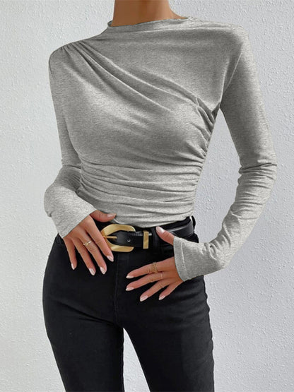 Mock Neck Ruching Detail Long Sleeve Shirt