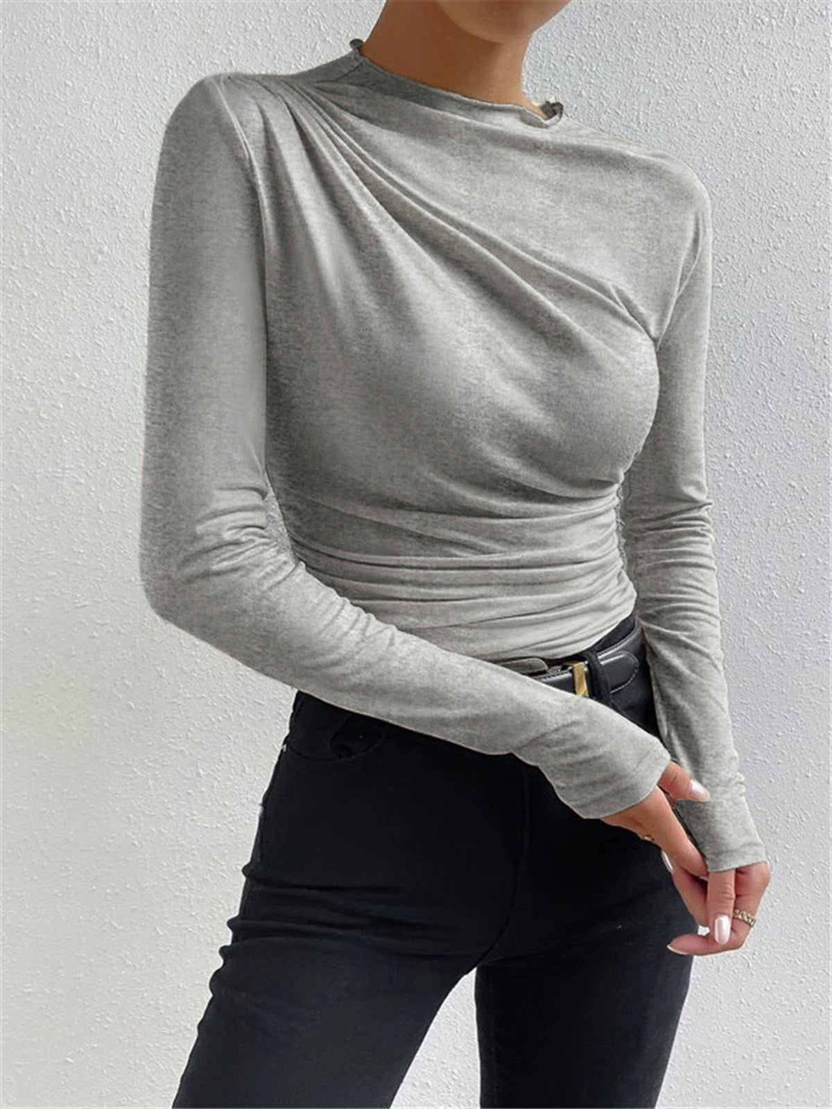 Mock Neck Ruching Detail Long Sleeve Shirt