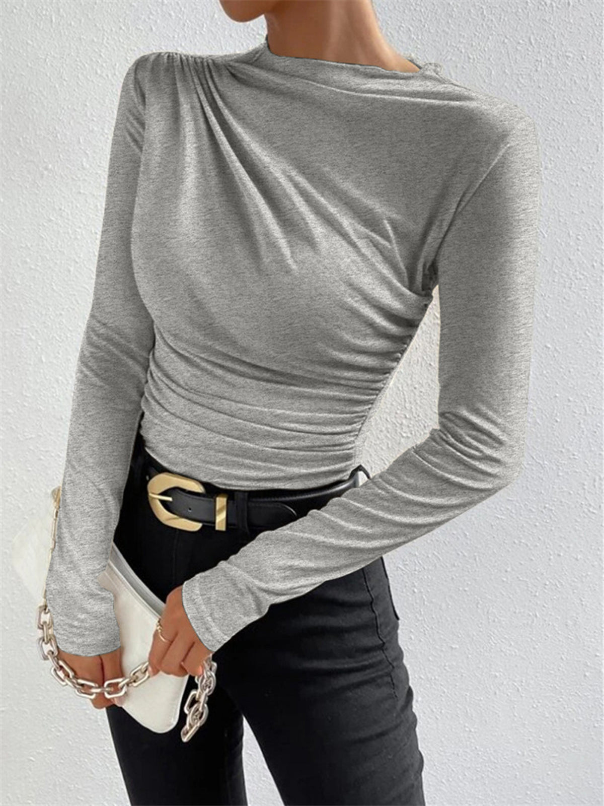 Mock Neck Ruching Detail Long Sleeve Shirt