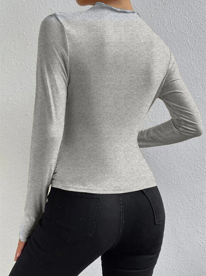 Mock Neck Ruching Detail Long Sleeve Shirt
