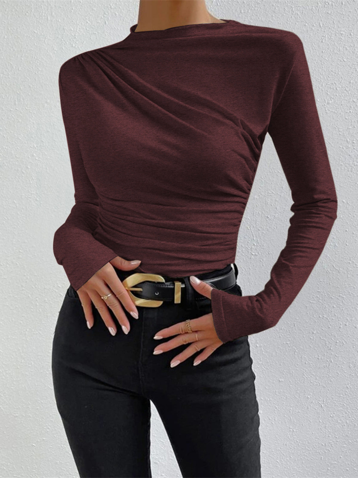 Mock Neck Ruching Detail Long Sleeve Shirt