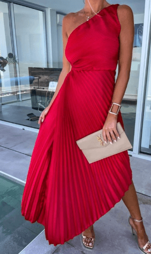 One Shoulder Pleated Maxi Dress