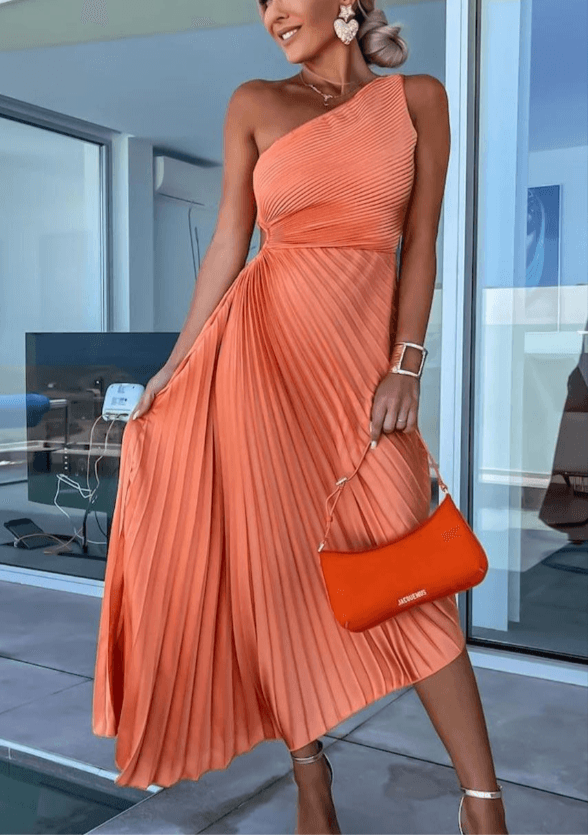 One Shoulder Pleated Maxi Dress