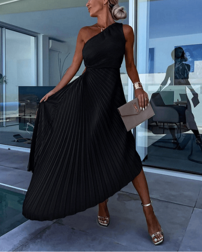 One Shoulder Pleated Maxi Dress