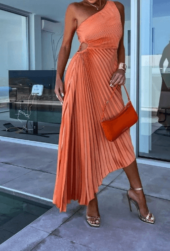 One Shoulder Pleated Maxi Dress
