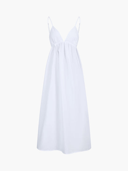 Open Back V-Neck White Maxi Dress