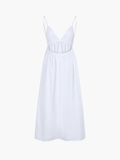 Open Back V-Neck White Maxi Dress