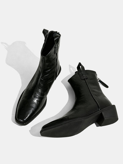 PU Leather Pointed Toe Black Ankle Boots