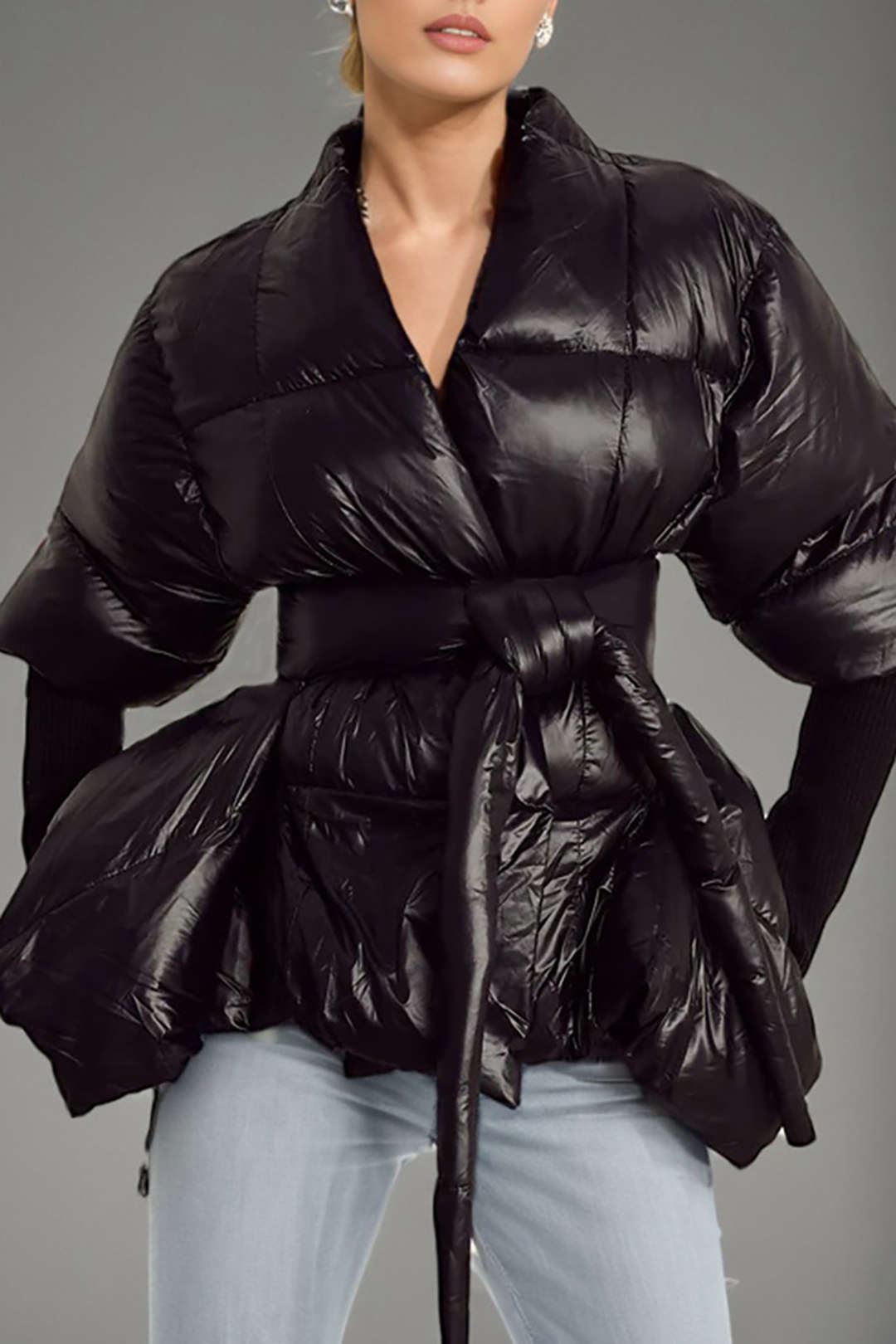 Padded Belted High Collar Puffer Jacket