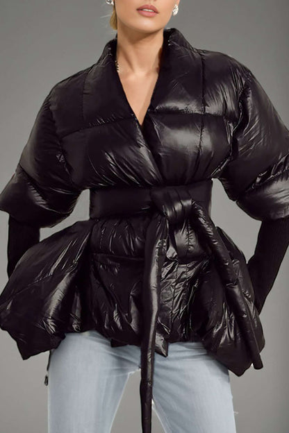 Padded Belted High Collar Puffer Jacket
