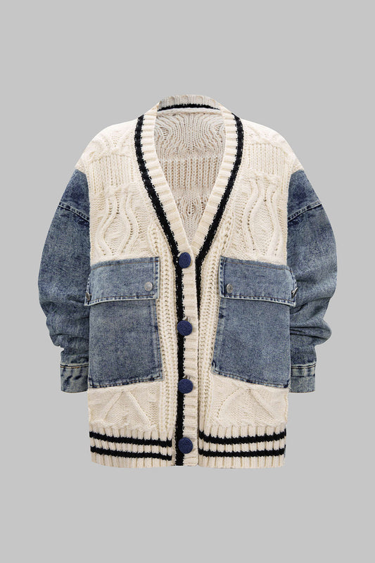 Patchwork Knit Denim Outerwear Jacket