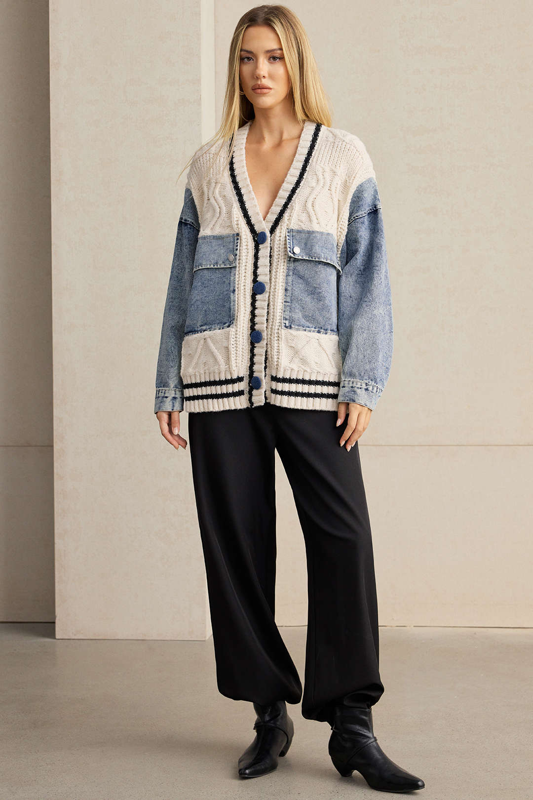 Patchwork Knit Denim Outerwear Jacket