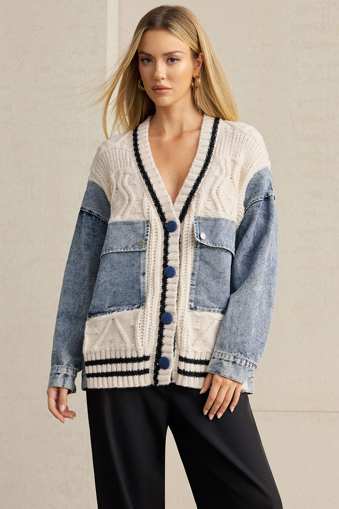 Patchwork Knit Denim Outerwear Jacket