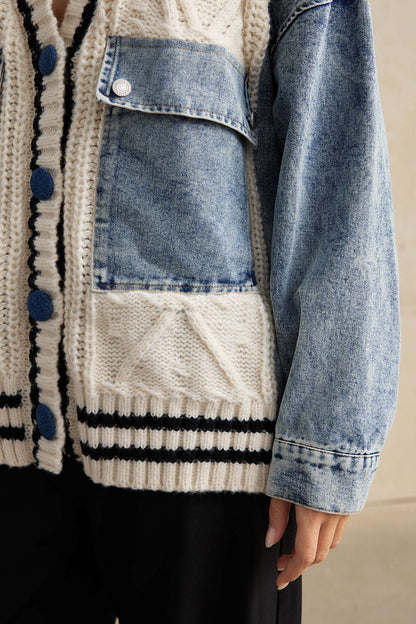Patchwork Knit Denim Outerwear Jacket