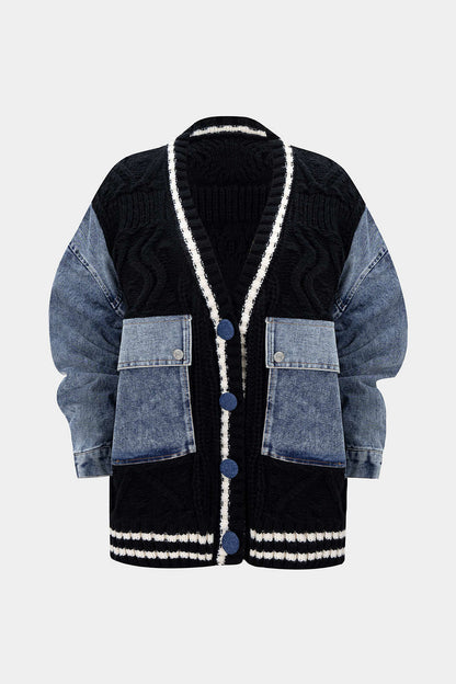 Patchwork Knit Denim Outerwear Jacket