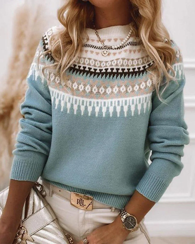 Patterned Crewneck Knit Sweater