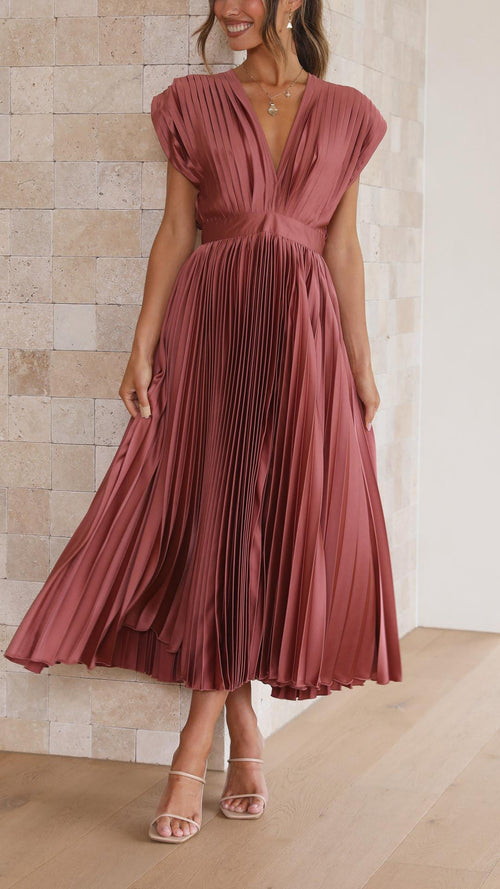 Pleated Deep V Neck Maxi Dress