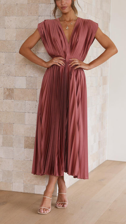 Pleated Deep V Neck Maxi Dress