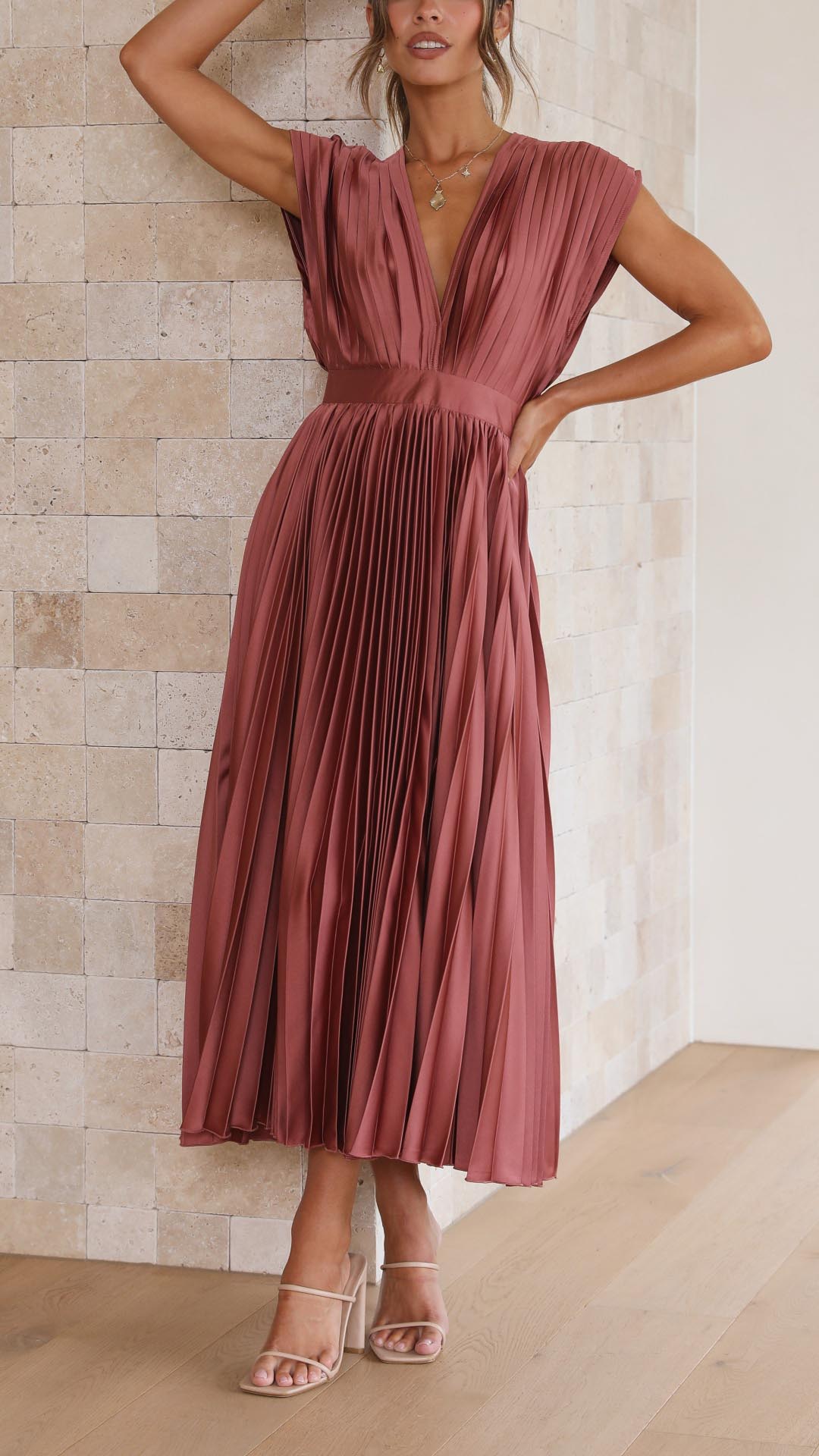 Pleated Deep V Neck Maxi Dress