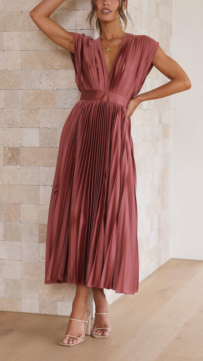 Pleated Deep V Neck Maxi Dress