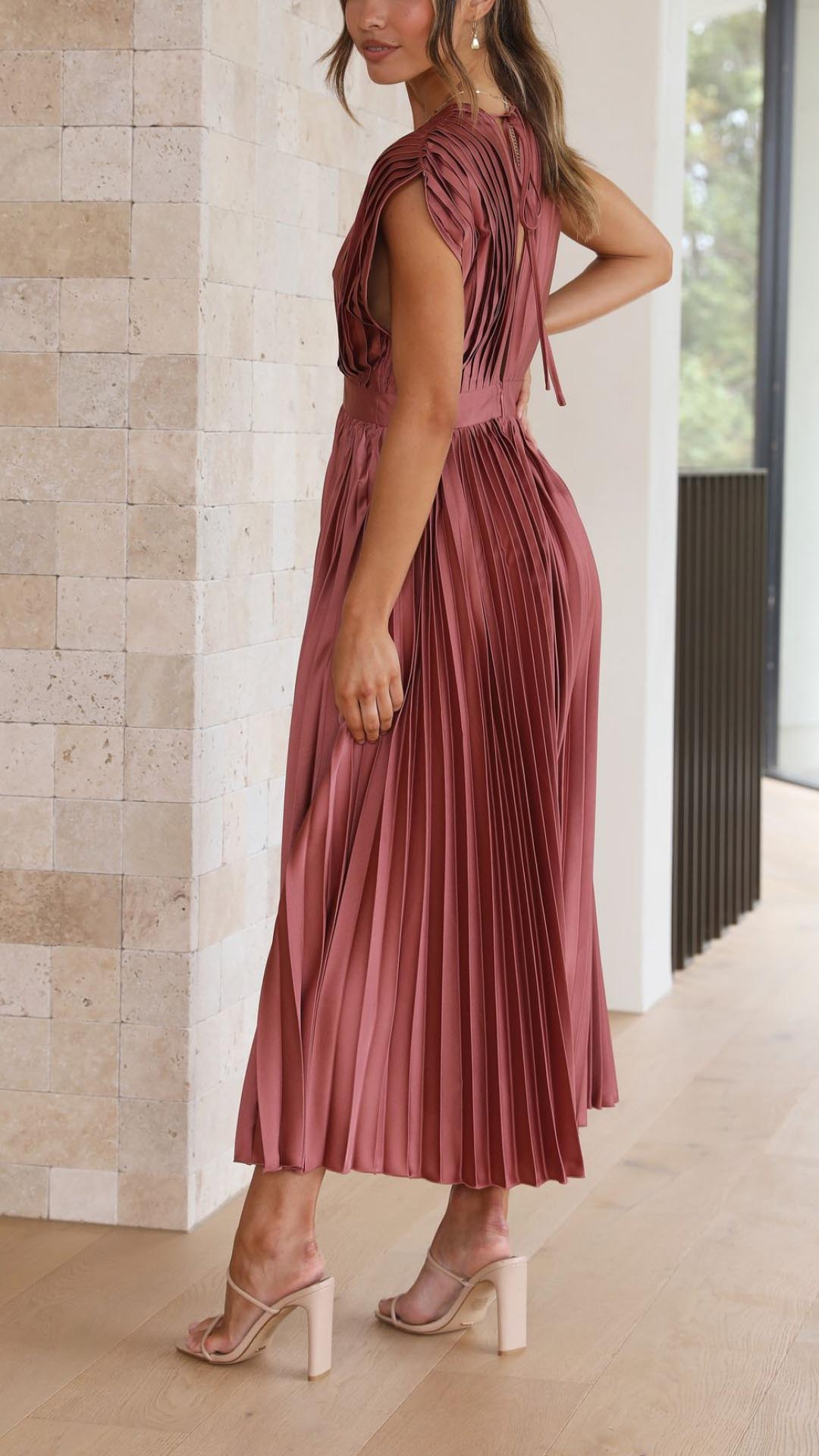 Pleated Deep V Neck Maxi Dress